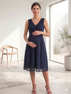 Stork & Babe Sleeveless Navy V-Neck Dress Textured Dot Detail Size XS/S